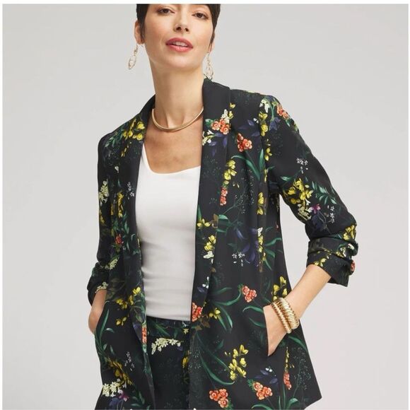 Chico’s floral black blazer ruched sleeve open front (1) U.S 8 - Picture 1 of 11